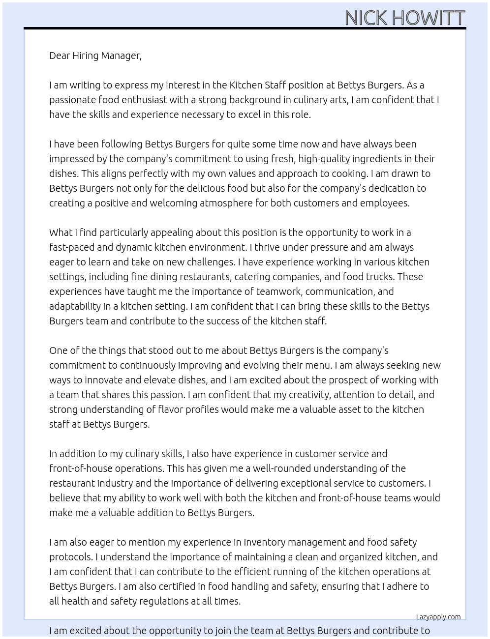 Kitchen Staff At Bettys Burgers Cover Letter