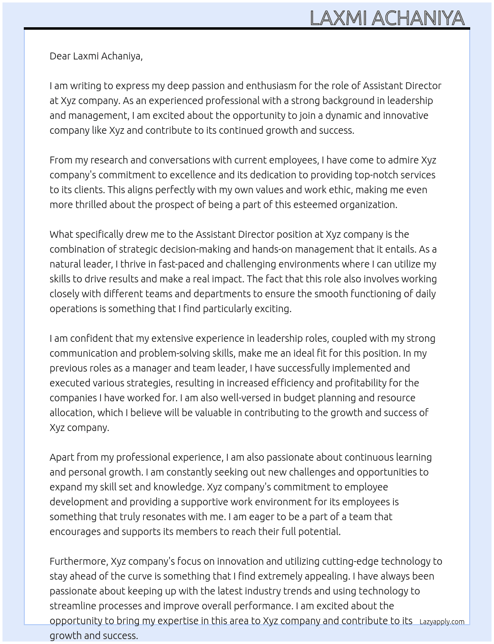 Assistant Director in xy limited At Xyz company  Cover Letter