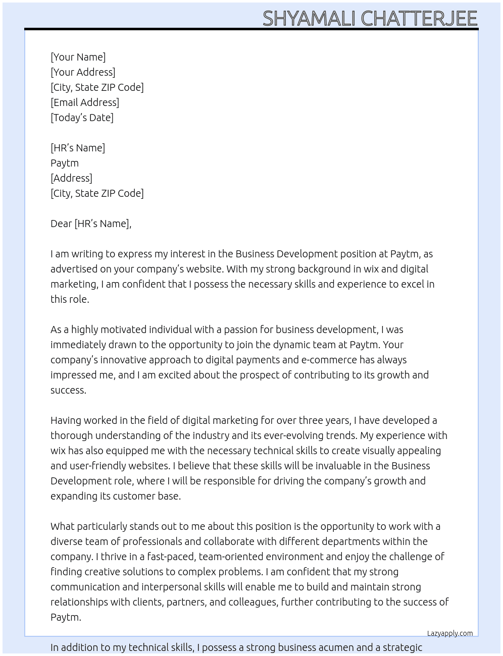 Business Development  At Paytm  Cover Letter