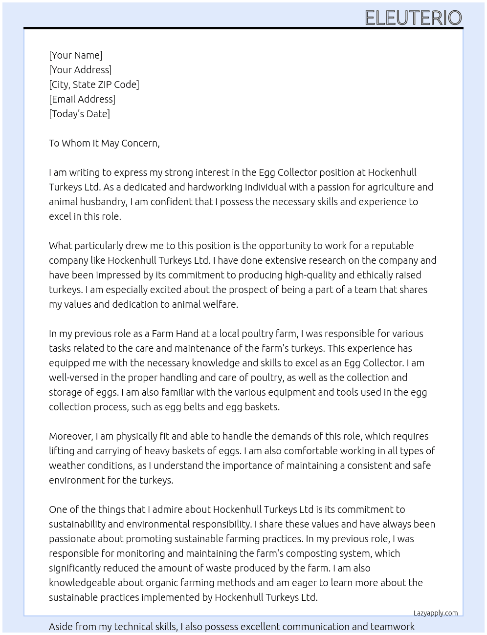 Egg Collector At Hockenhull Turkeys Ltd Cover Letter