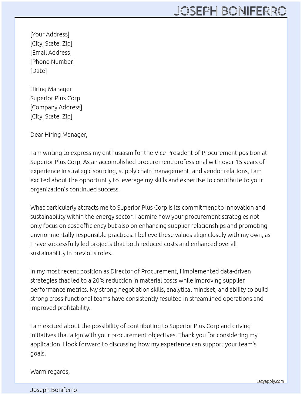 Vice President Procurement At Superior Plus Corp Cover Letter