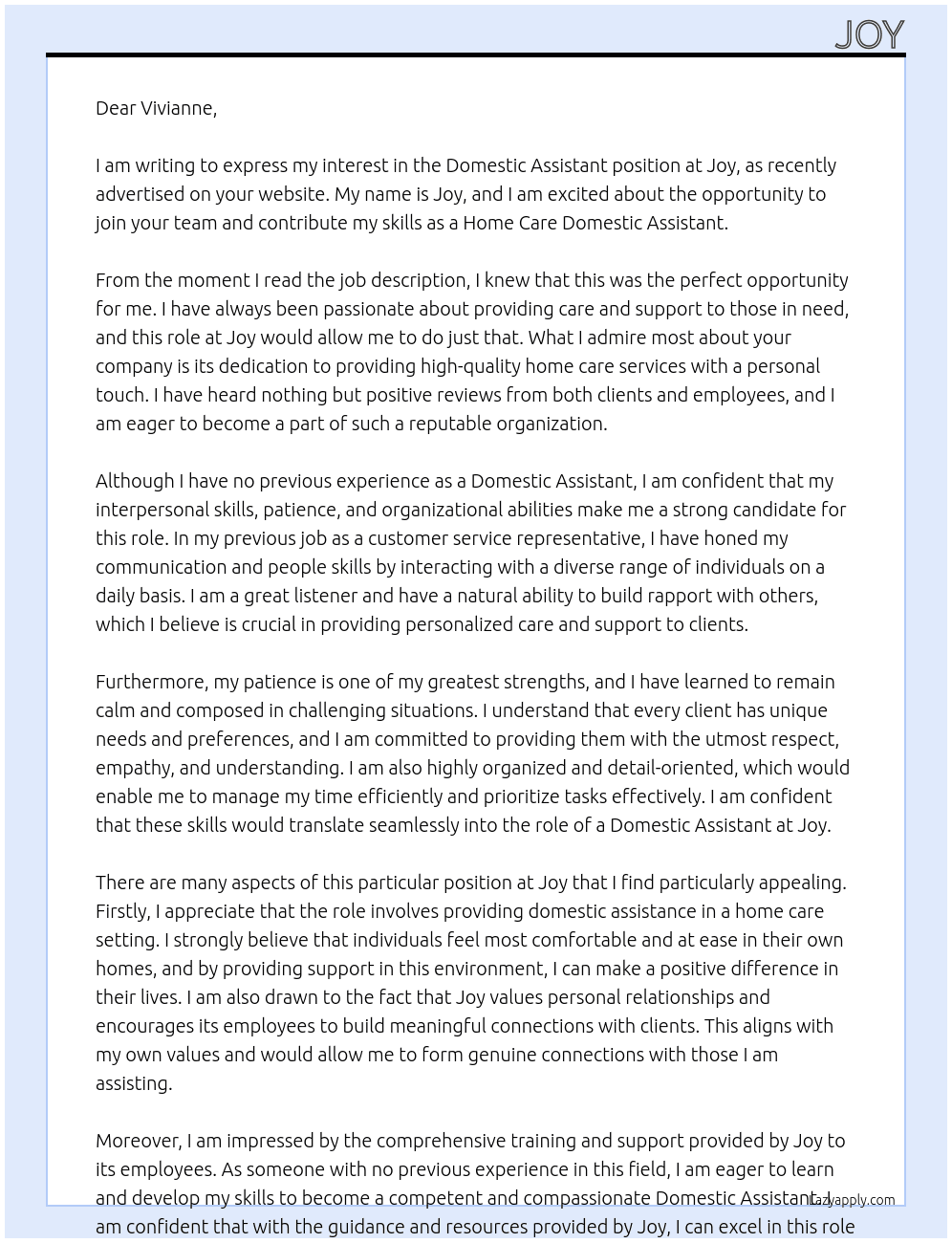 Domestic Assistant - Home Care At Joy Cover Letter