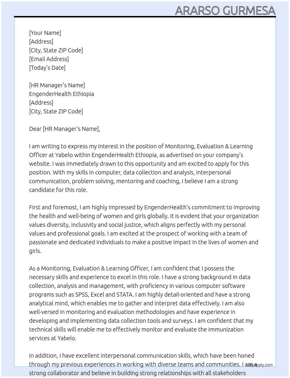 Monitoring,Evaluation&Learning officer at Yabelo At EngenderHealth Ethiopia Cover Letter