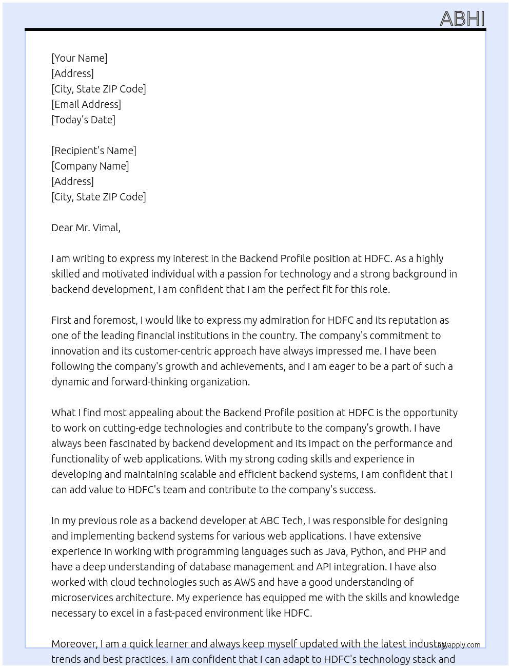 Backend Profile  At Hdfc  Cover Letter