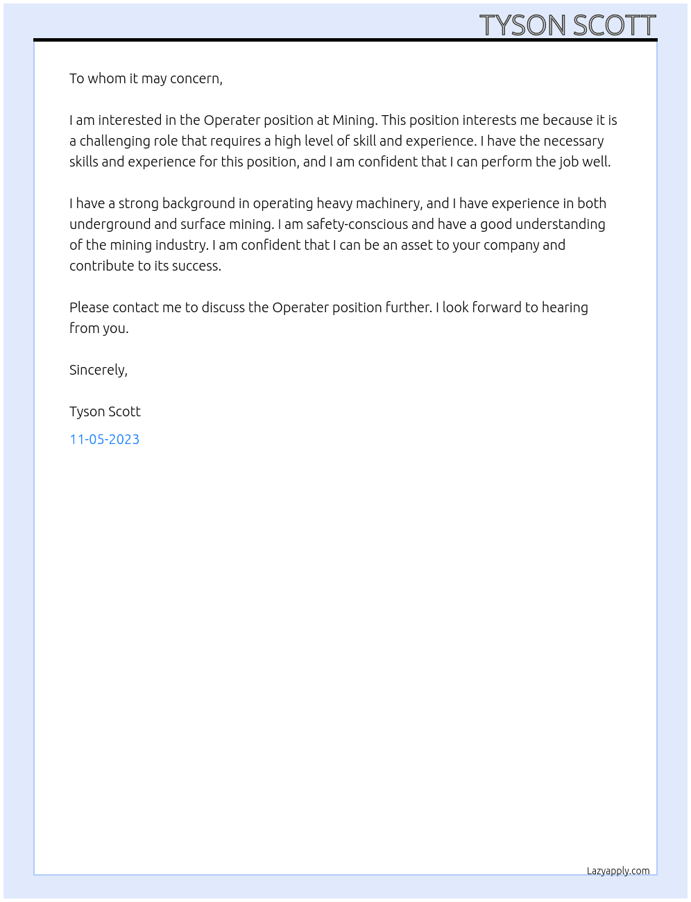 Operater At Mining Cover Letter