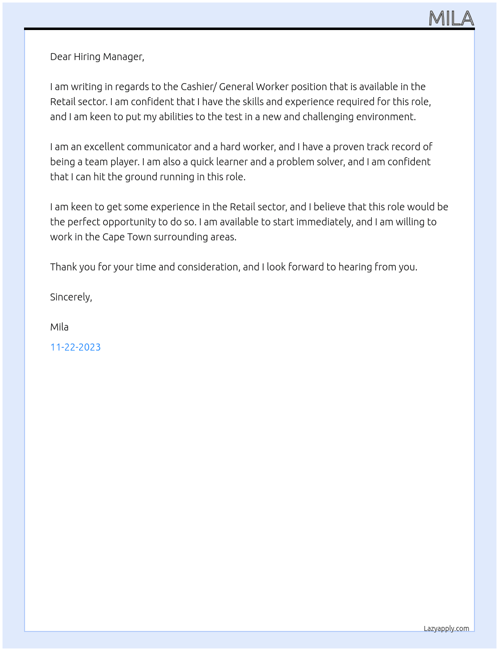 Cashier/ General Worker At Retail sector Cover Letter