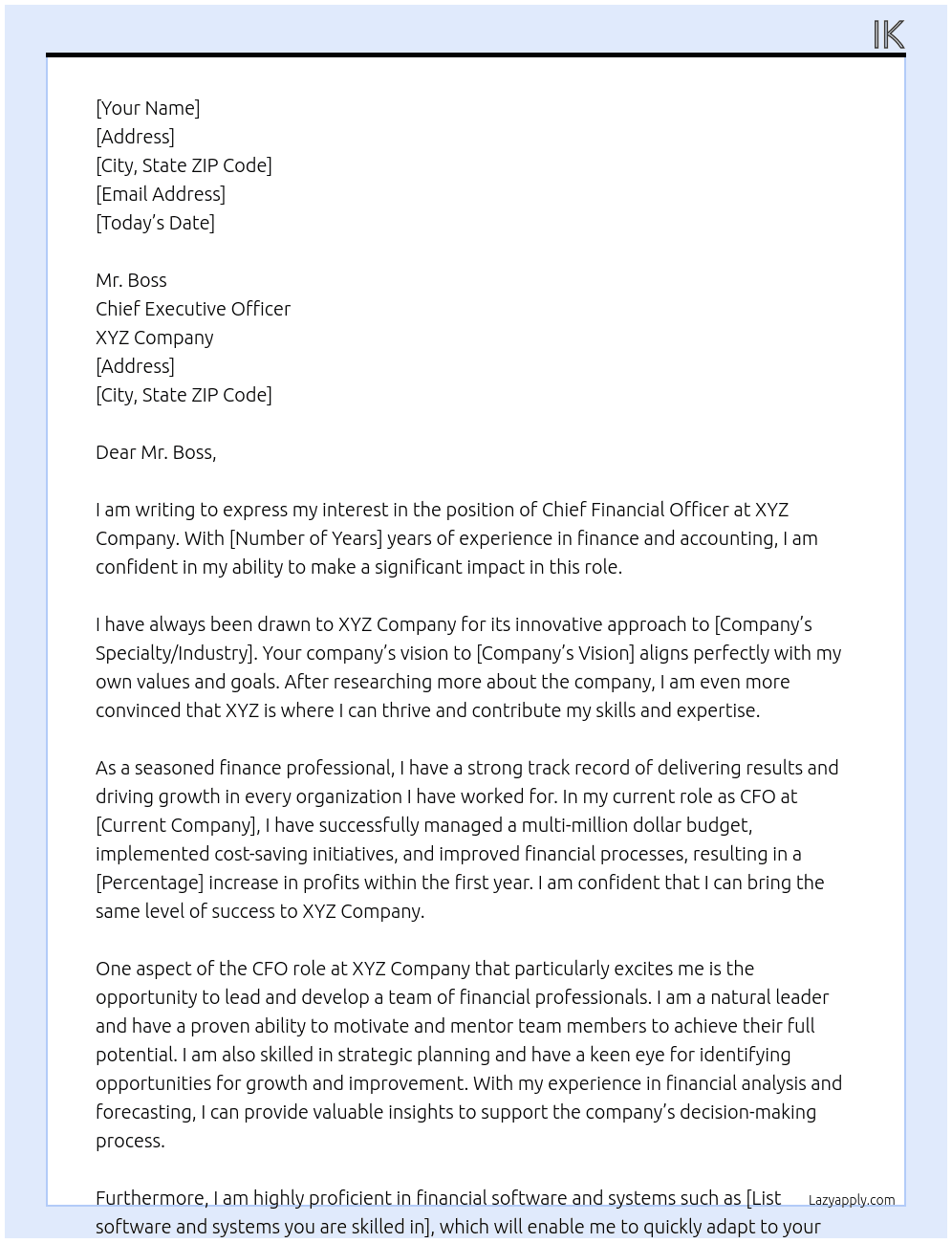 CFO At XYZ Cover Letter
