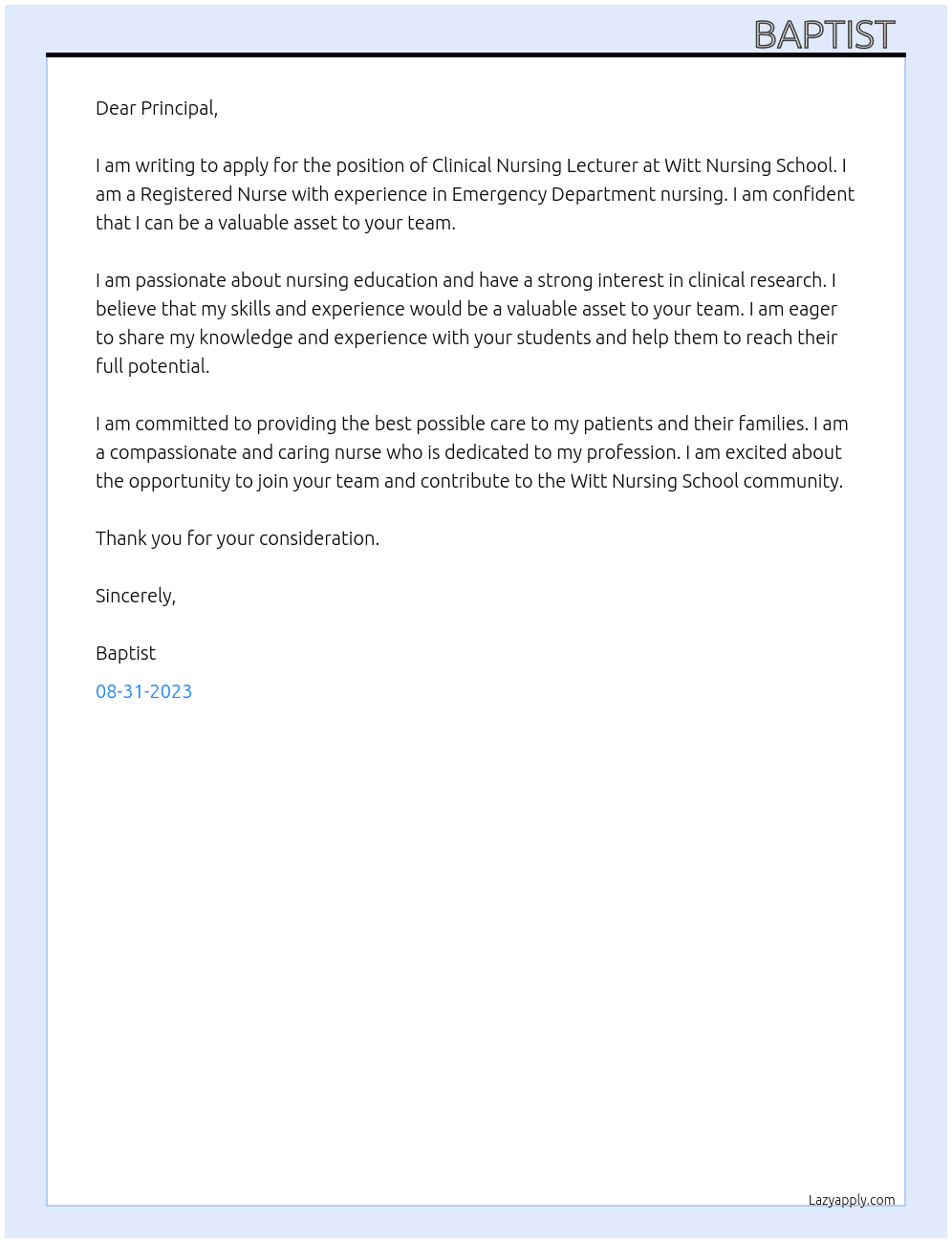 CLINICAL NURSING LECTURER  At WITT NURSING SCHOOL Cover Letter
