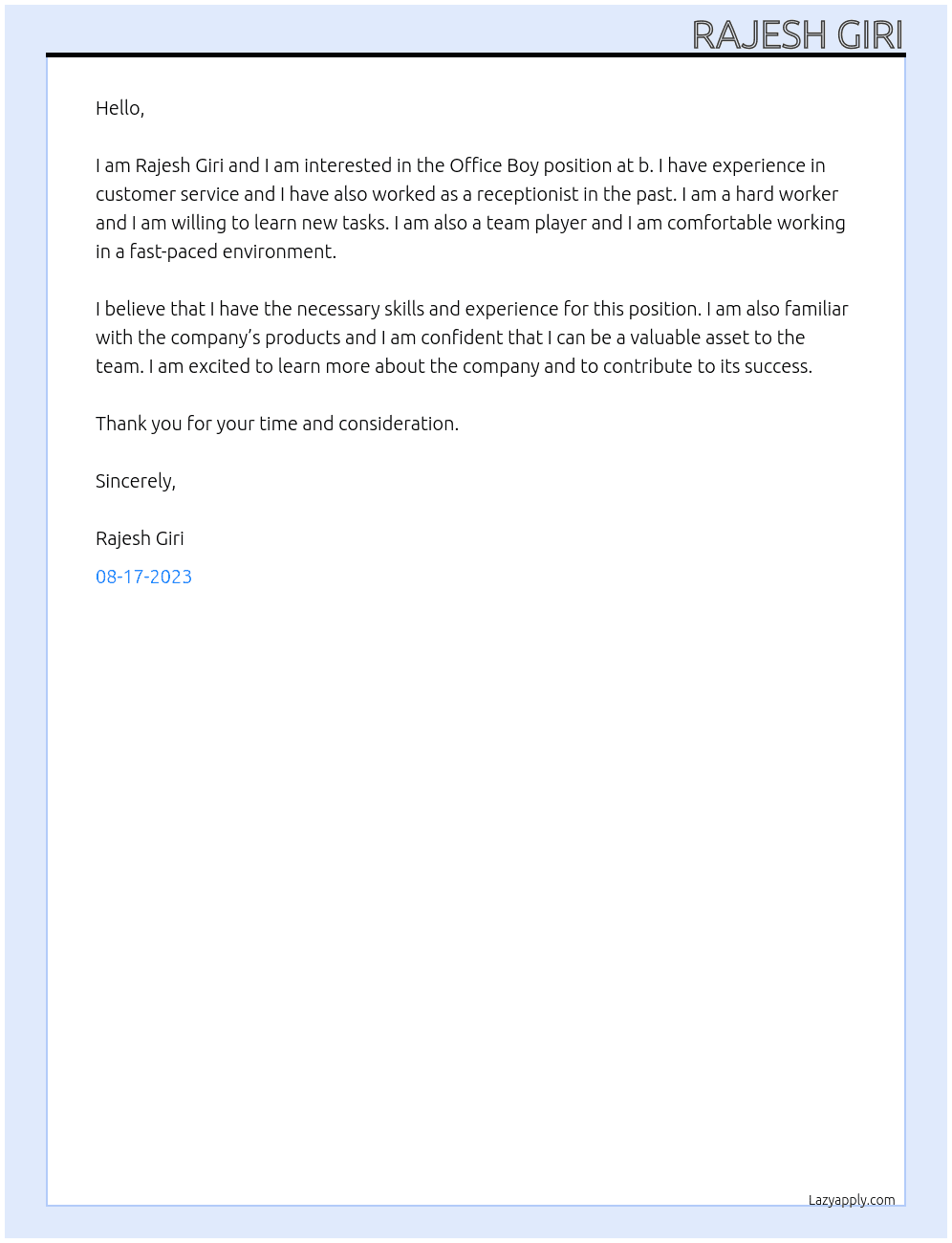 Office Boy At b Cover Letter