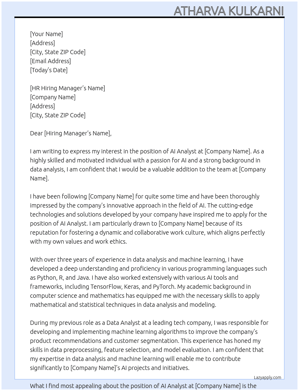 ai analyst At levelai Cover Letter