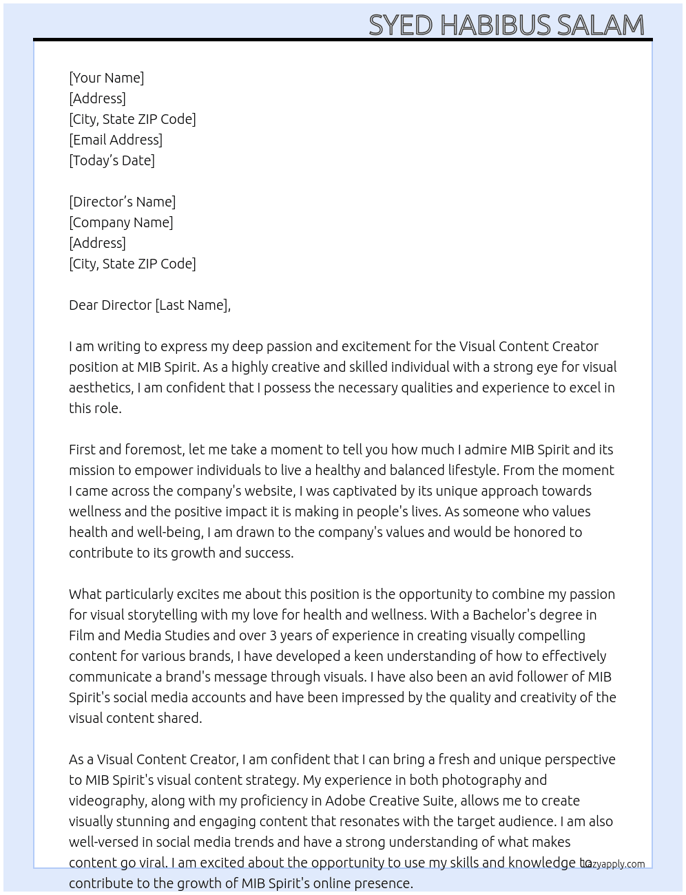 Cover letter for visual content creator - LazyApply