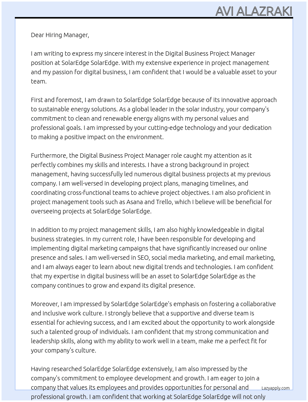 Digital Business Project Manager At SolarEdge SolarEdge  Cover Letter