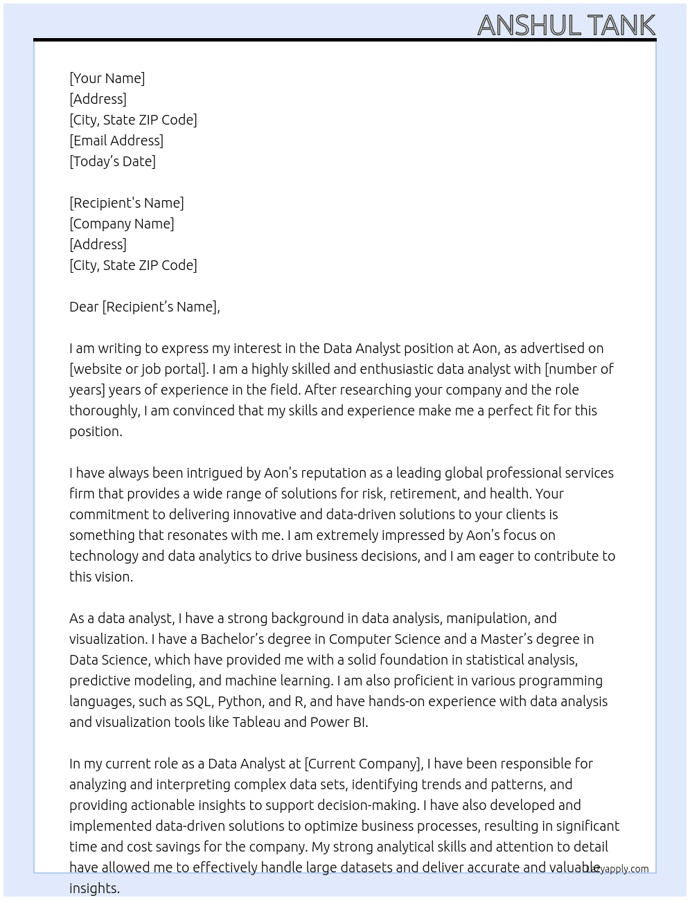 data analyst At aon Cover Letter