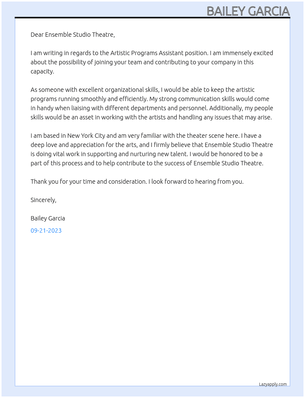 Artistic Programs Assistant At Ensemble Studio Theatre  Cover Letter