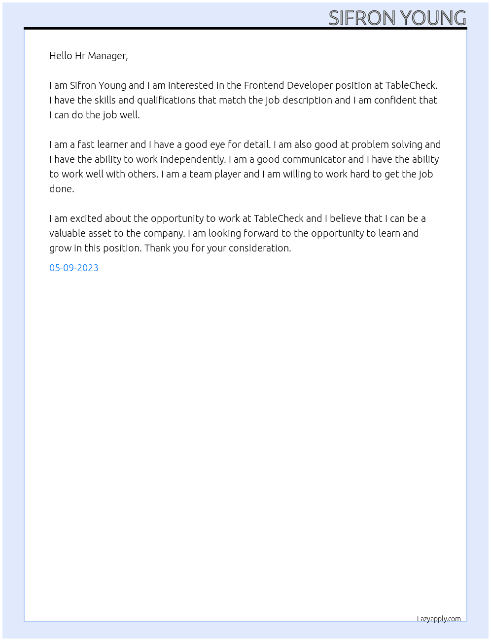 Frontend Developer At TableCheck Cover Letter