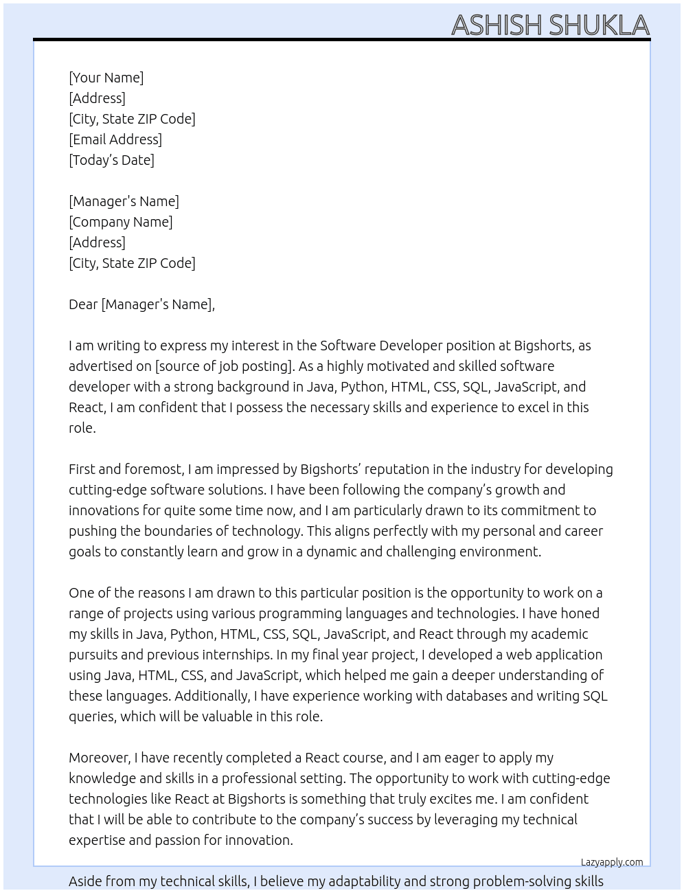 software developer At Bigshorts Cover Letter