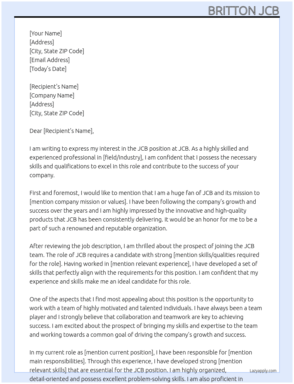 JCB At JCB Cover Letter