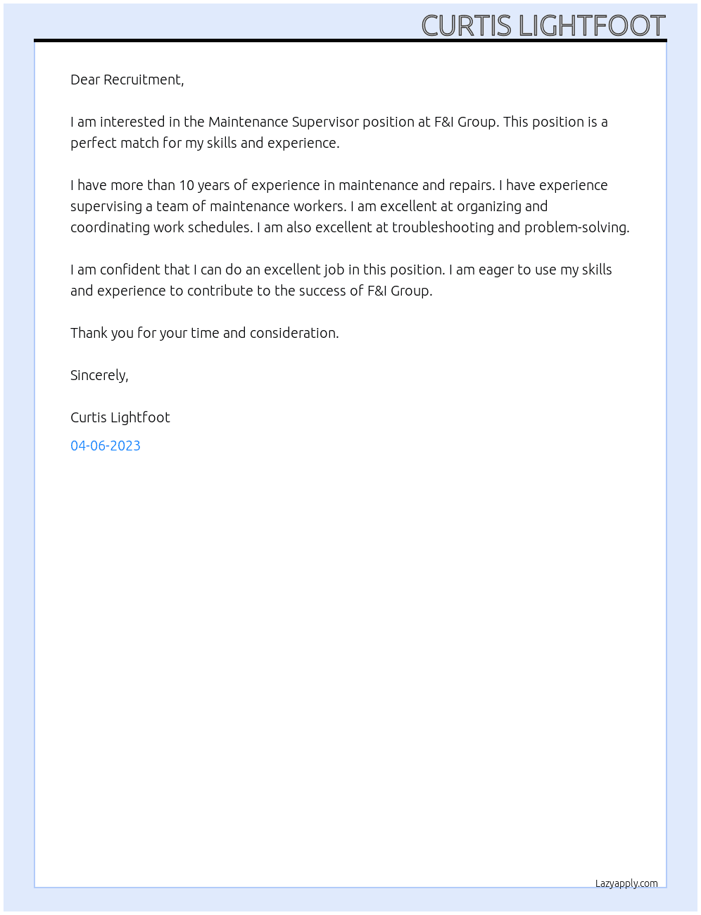 Maintenance Supervisor At F&I Group Cover Letter