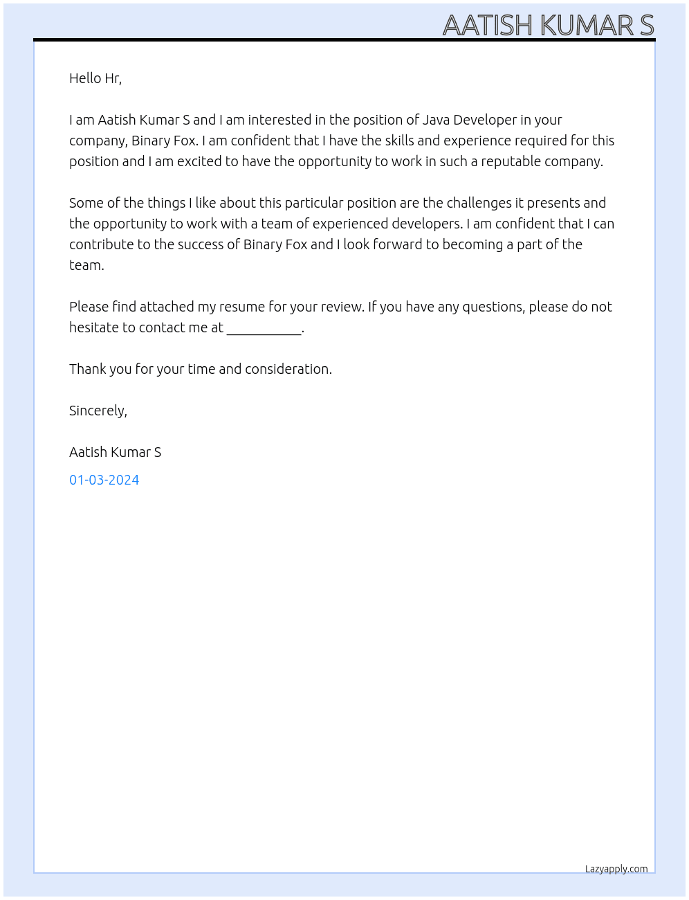 Java Developer  At Binary Fox Cover Letter