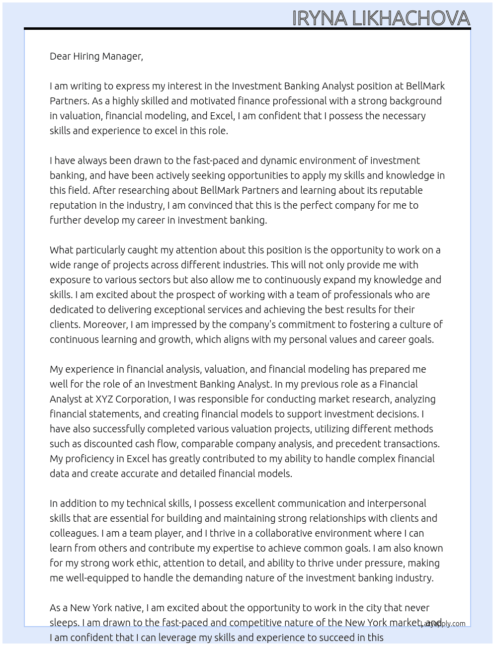 Investment Banking Analyst At BellMark Partners Cover Letter