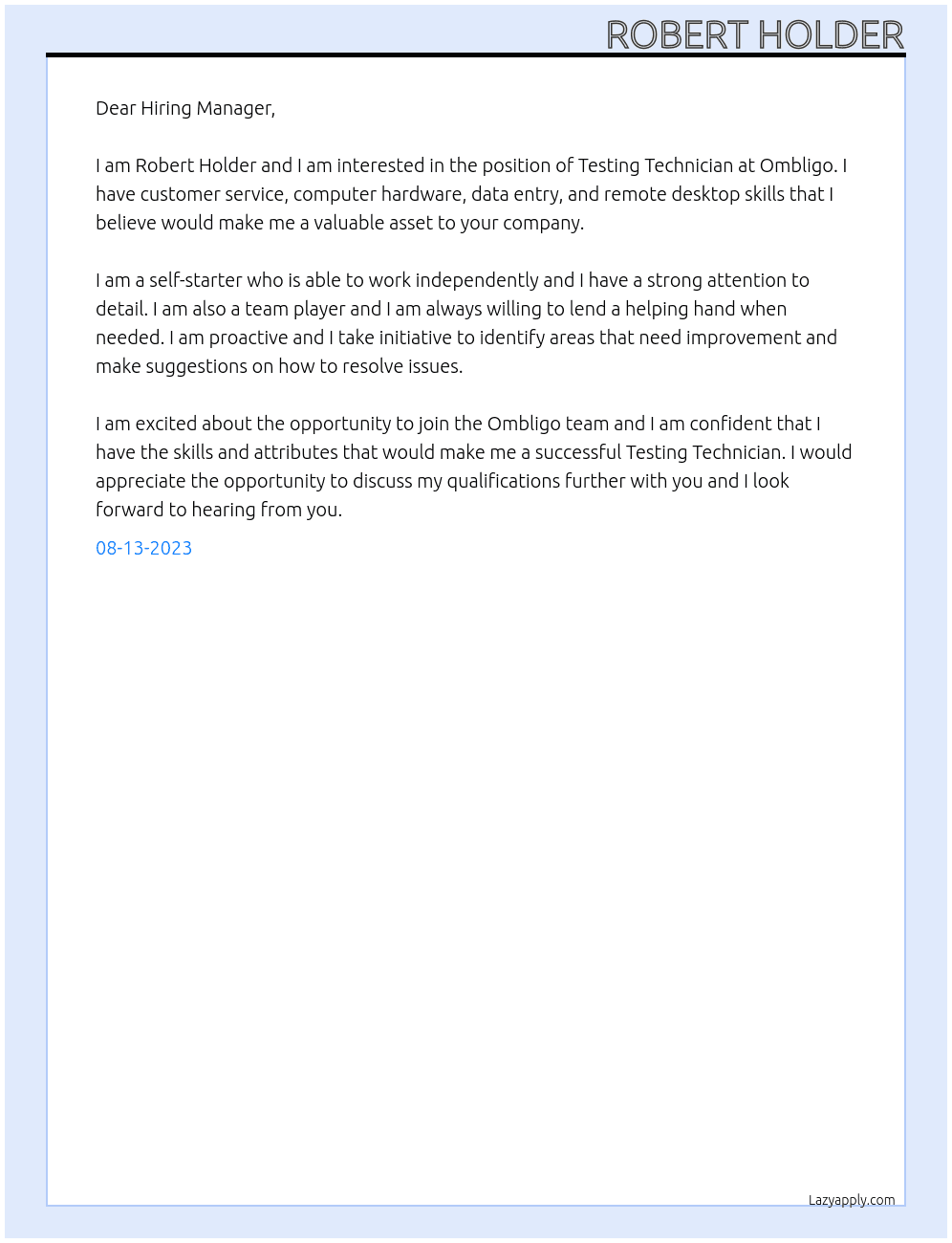 Testing Technician At Ombligo Cover Letter