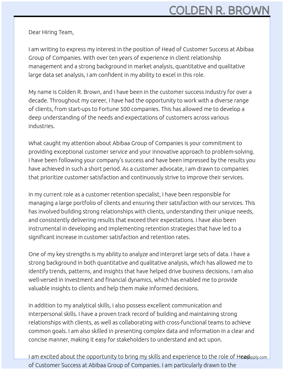 Head of Customer Success At Abibaa Group of Companies Cover Letter