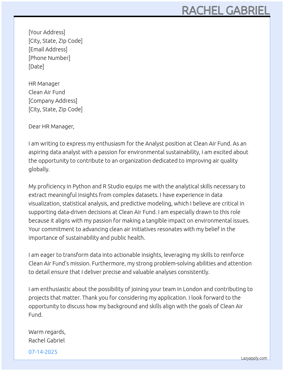 Analyst At Clean Air fund Cover Letter