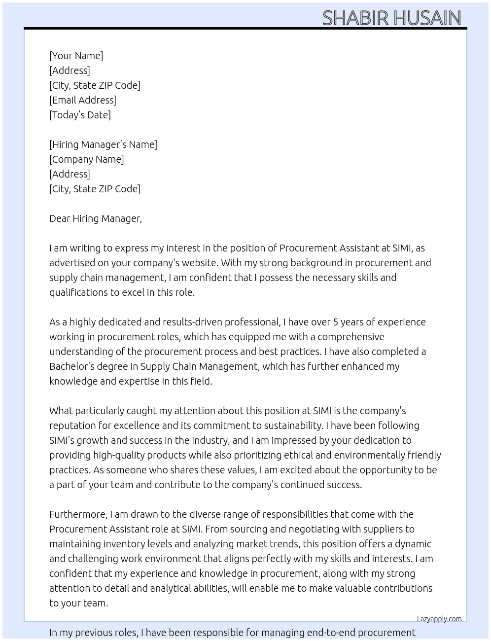 Procurement assistant  At SIMI Cover Letter