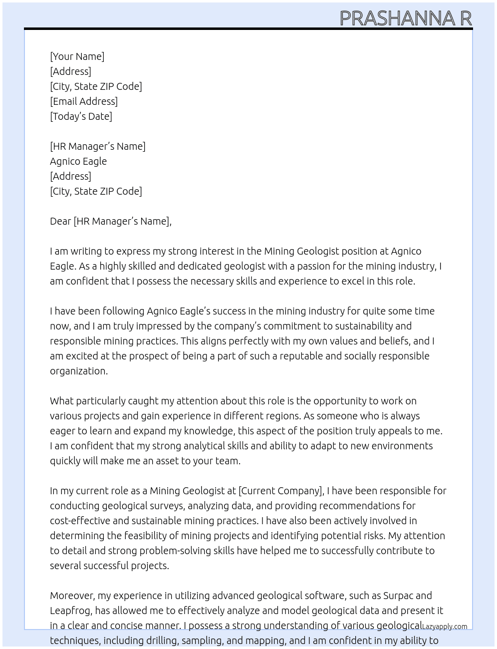 mining geologist At agnico eagle Cover Letter