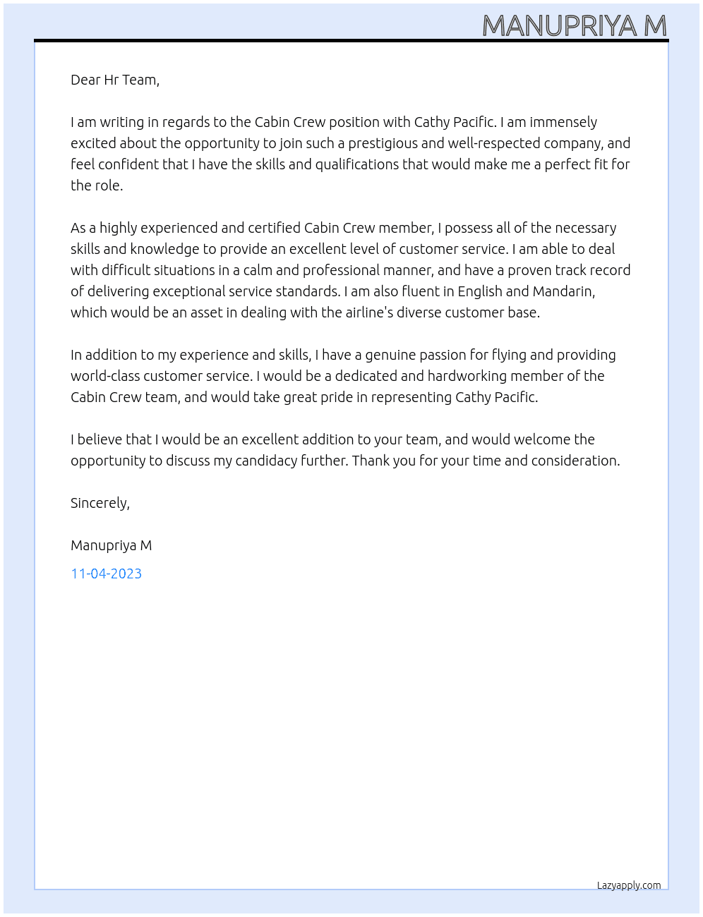 Cabin crew At Cathy Pacific Cover Letter
