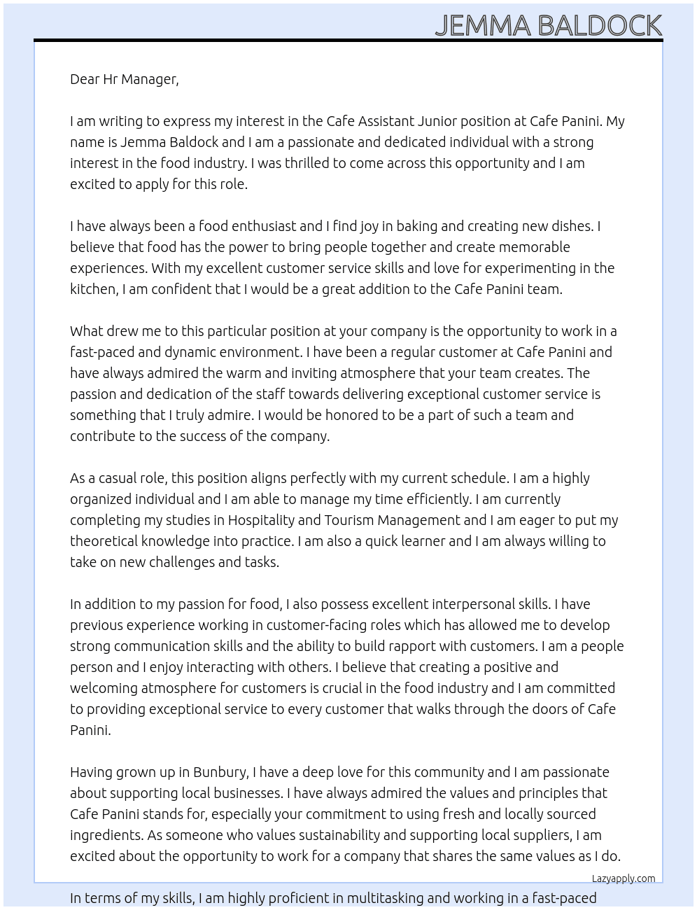 Cafe assistant junior At Cafe panini Cover Letter
