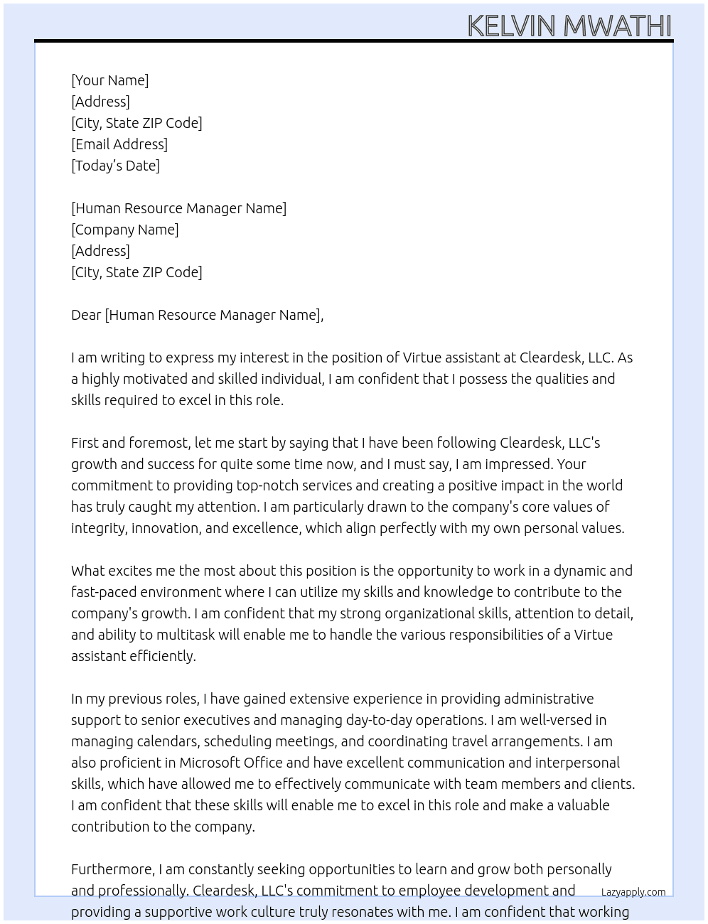 Virtue assistant At Cleardesk, LLC Cover Letter