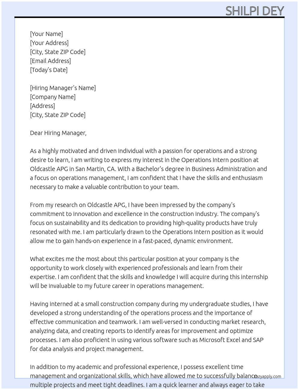 Operations Intern At Oldcastle APG - San Martin, CA Cover Letter