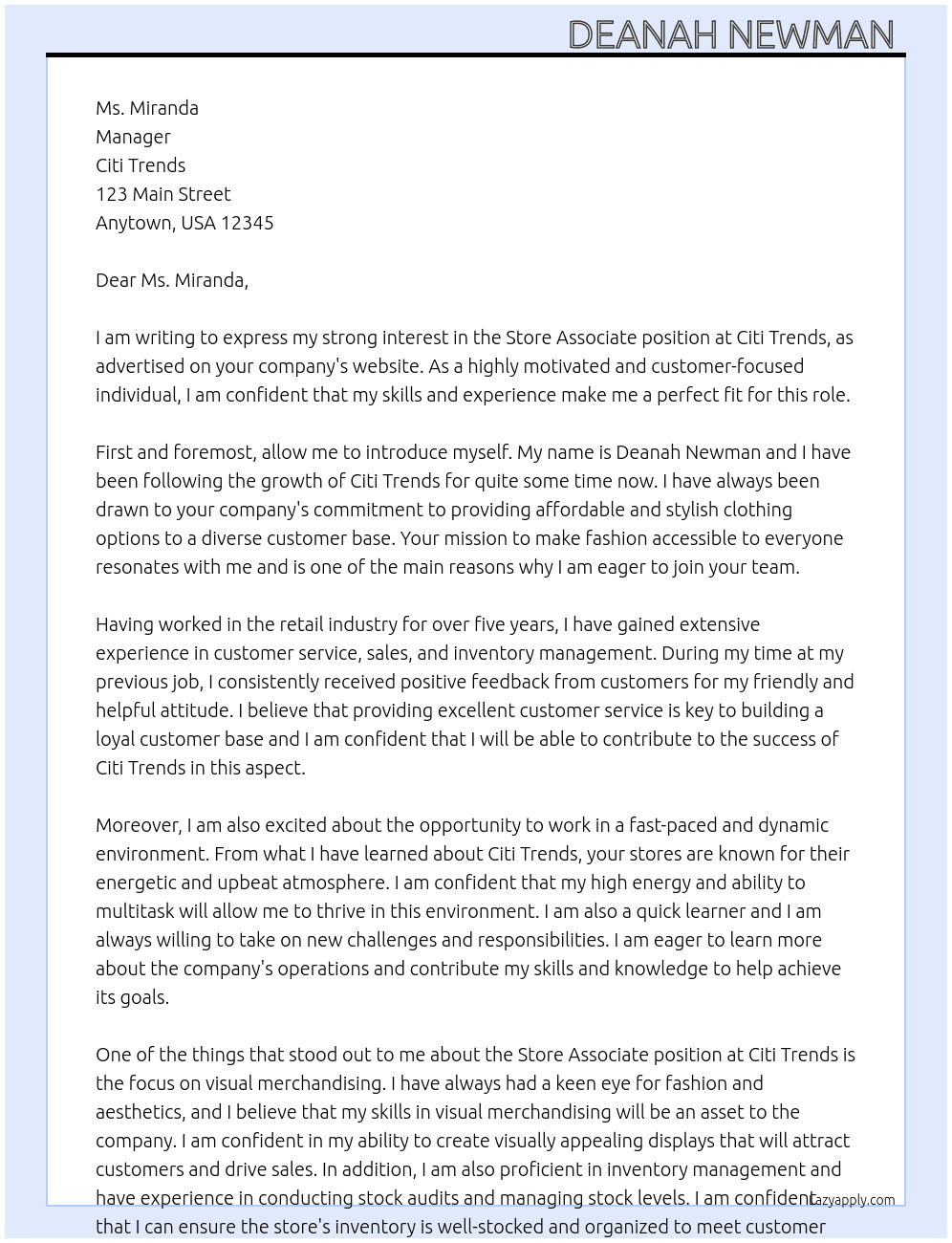 Store associate  At Citi trends Cover Letter