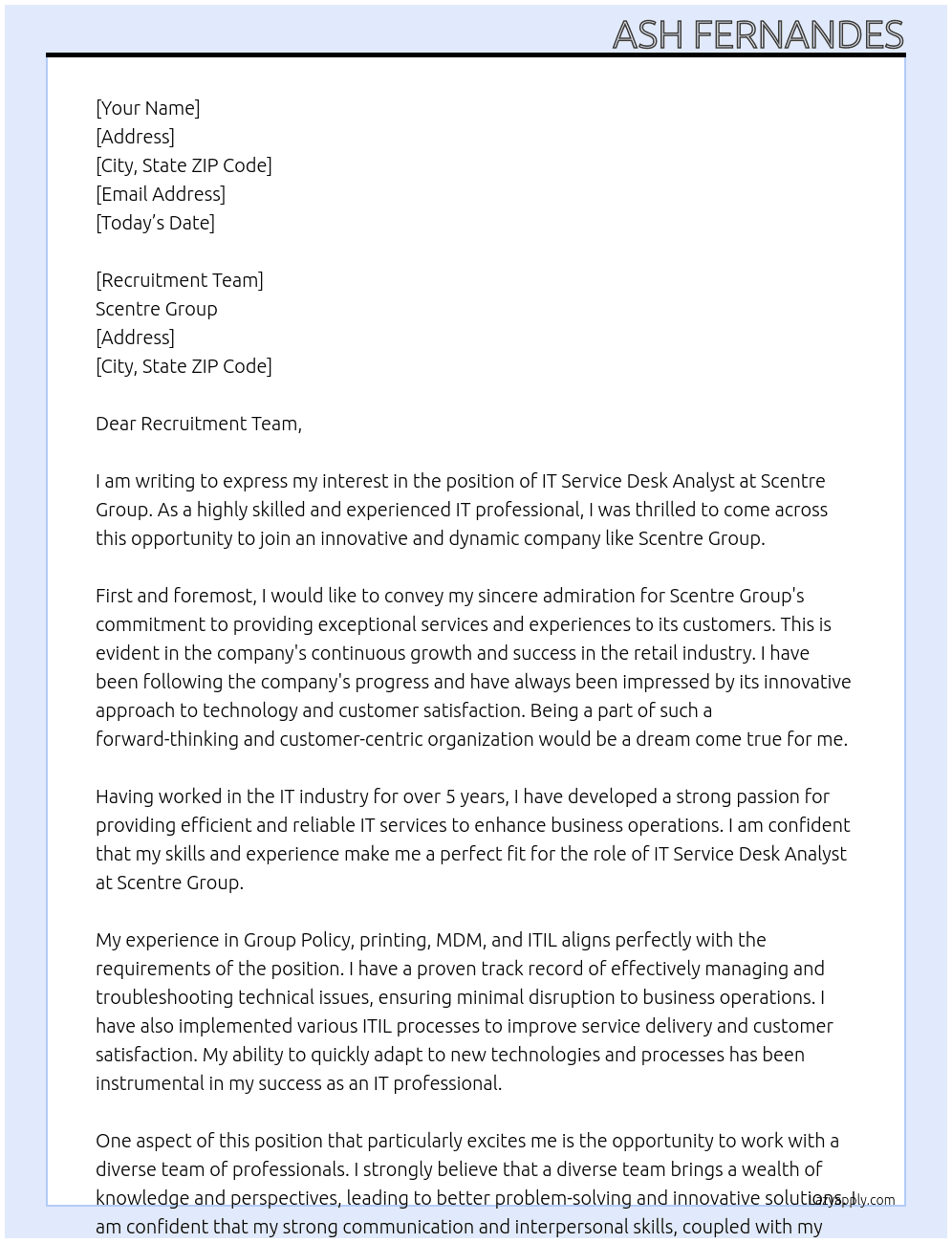 IT Service Desk Analyst At Scentre Group Cover Letter