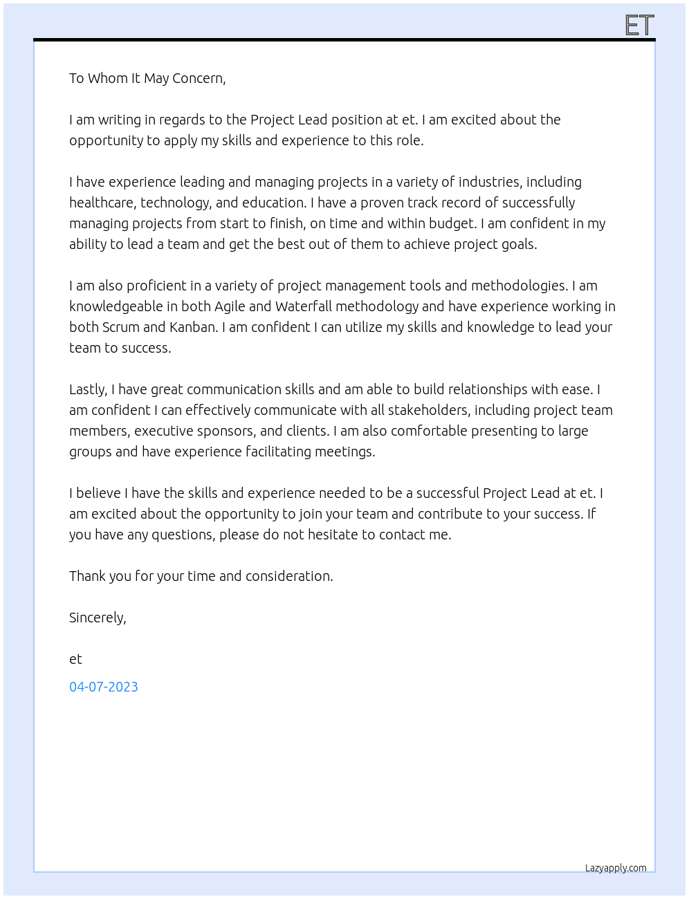 Project lead At et Cover Letter