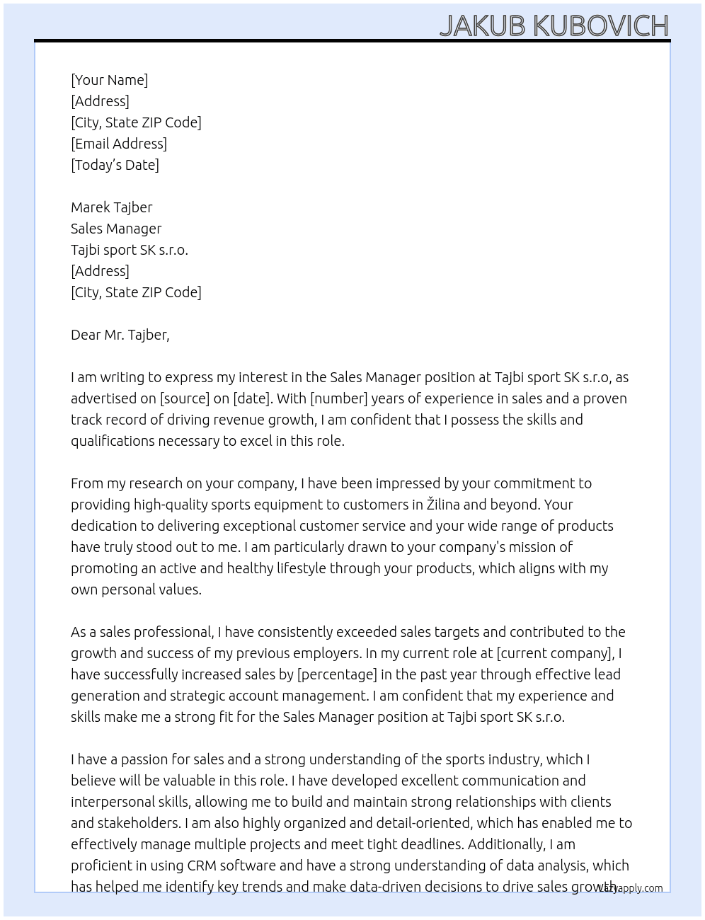 sales manager At Tajbi sport SK s.r.o Cover Letter