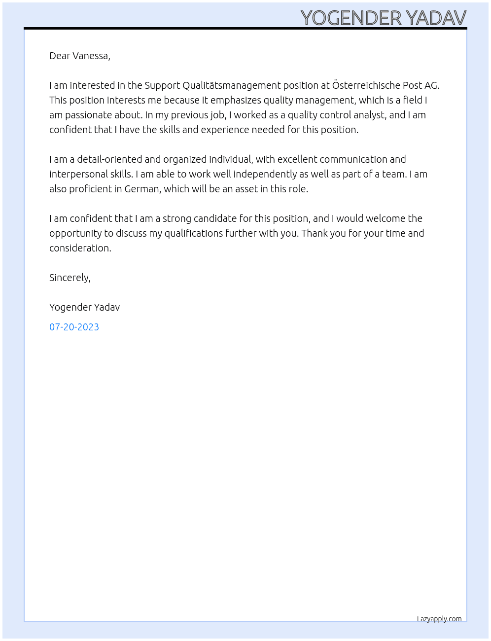Support Qualitätsmanagement At Österreichische Post AG Cover Letter