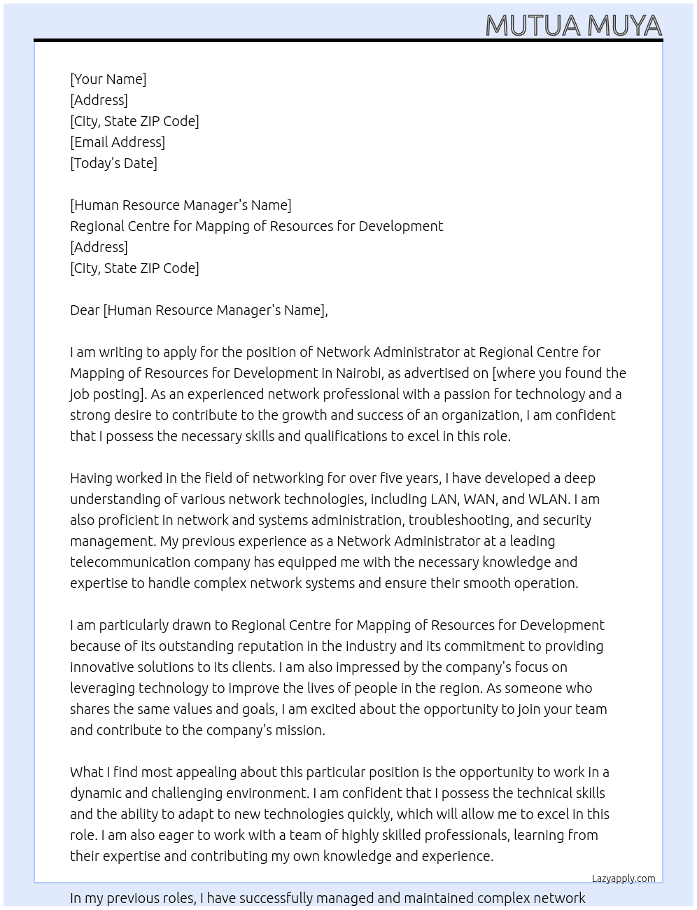 Network Administrator At Regional Centre for Mapping of Resources for Development Cover Letter