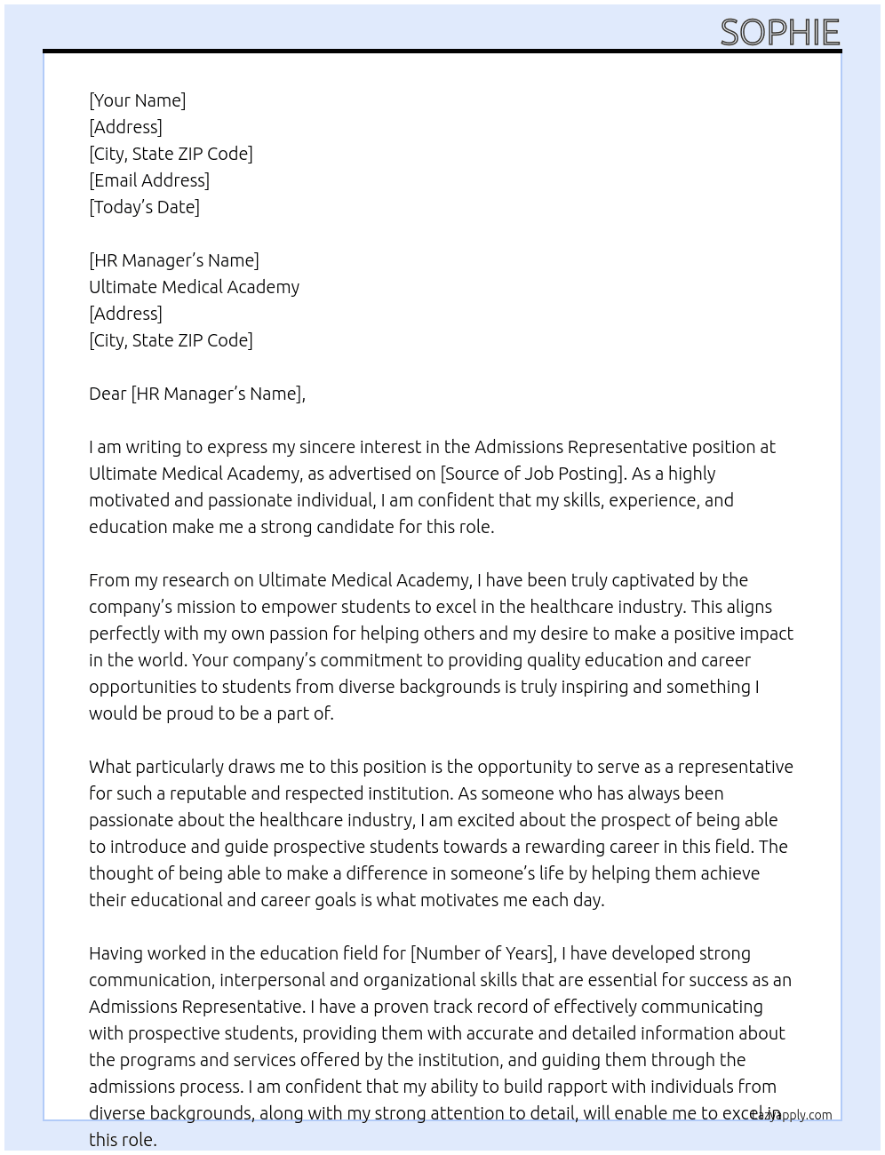 Admissions Representative  At Ultimate Medical Academy  Cover Letter