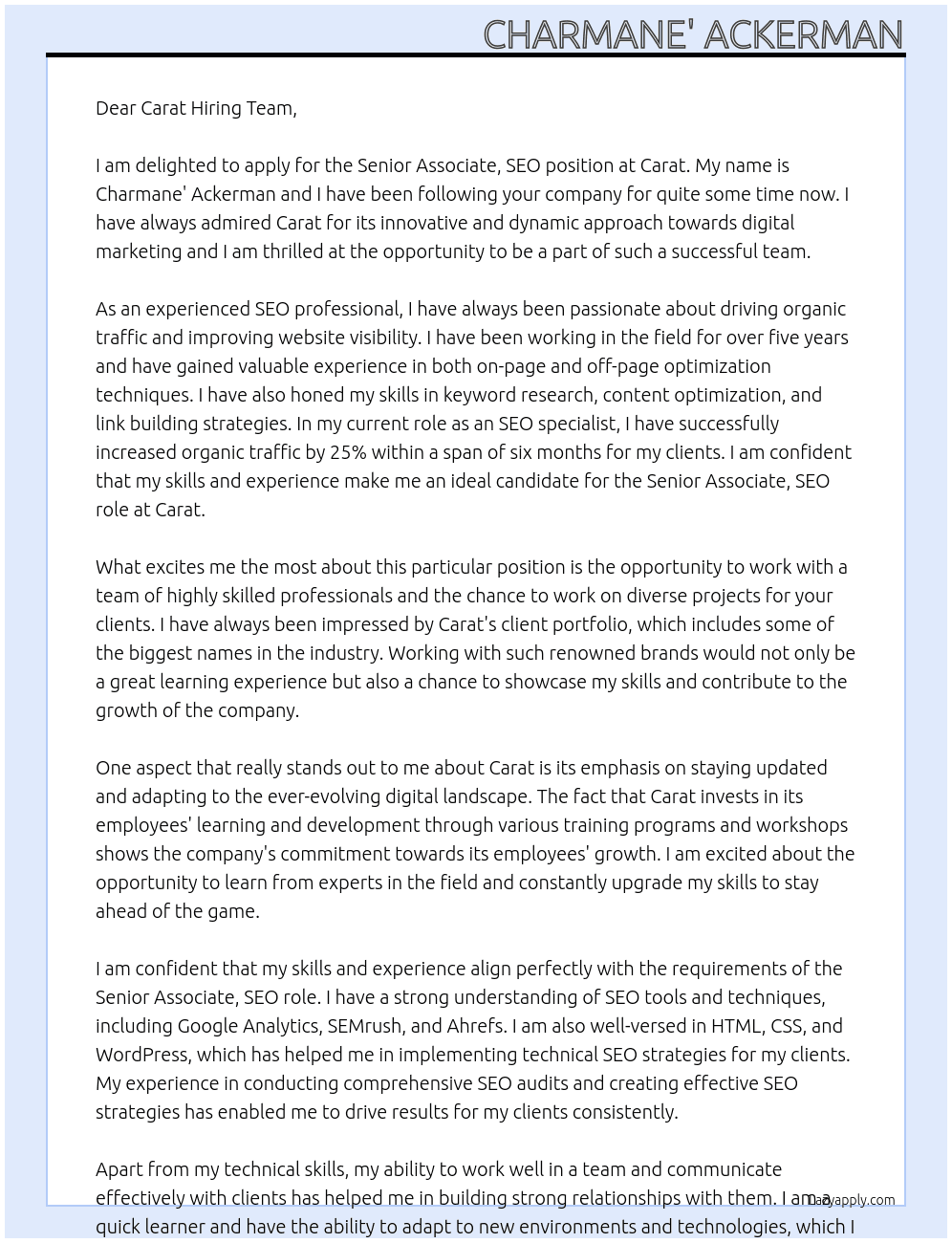 Senior Associate, SEO At Carat Cover Letter
