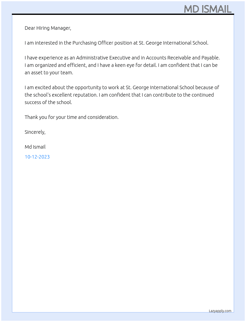 Purchasing Officer  At St. George International school  Cover Letter