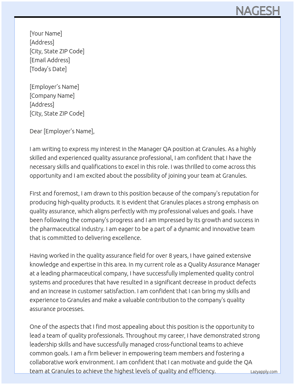 Manager QA At Granules Cover Letter