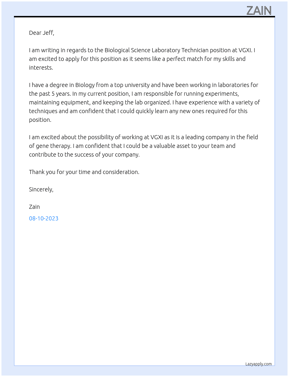 BIOLOGICAL SCIENCE LABORATORY TECHNICIAN At VGXI Cover Letter