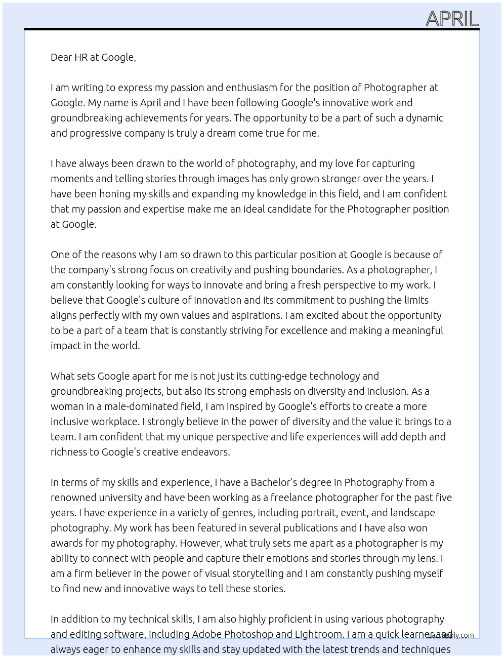 Photographer At Google Cover Letter