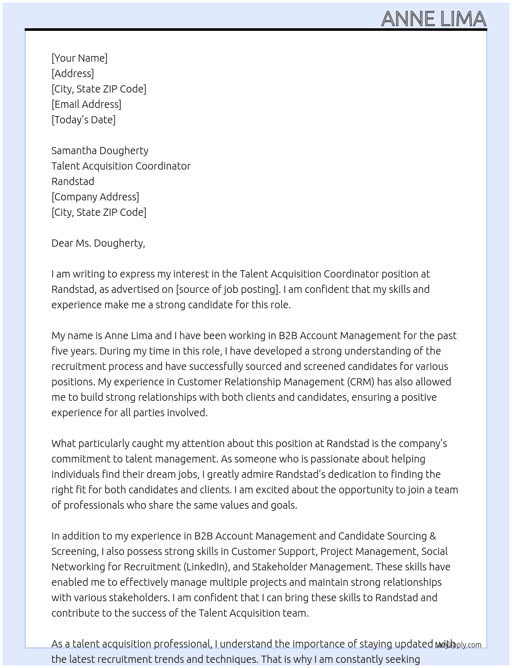 Talent Acquisition Coordinator At Randstad Cover Letter