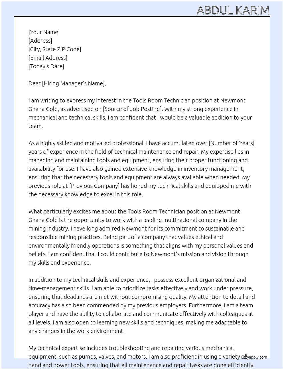 Tools Room Technician At Newmont Ghana Gold Cover Letter