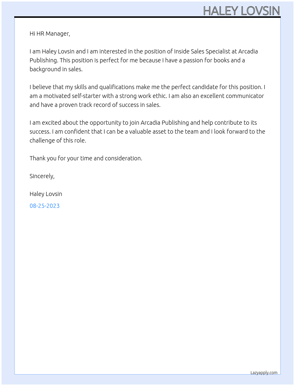 Inside Sales Specialist At Arcadia Publishing Cover Letter