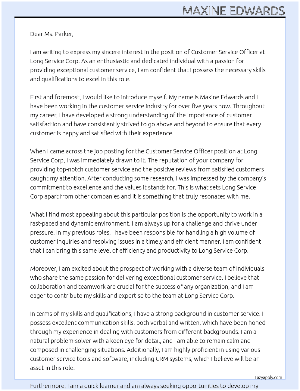 customer service officer At Long Service Corp Cover Letter