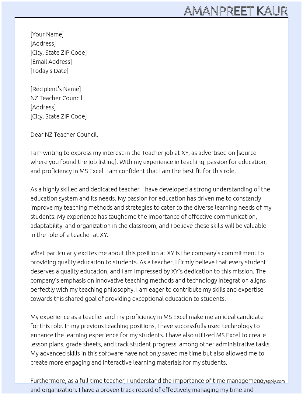 Teacher job At XY Cover Letter